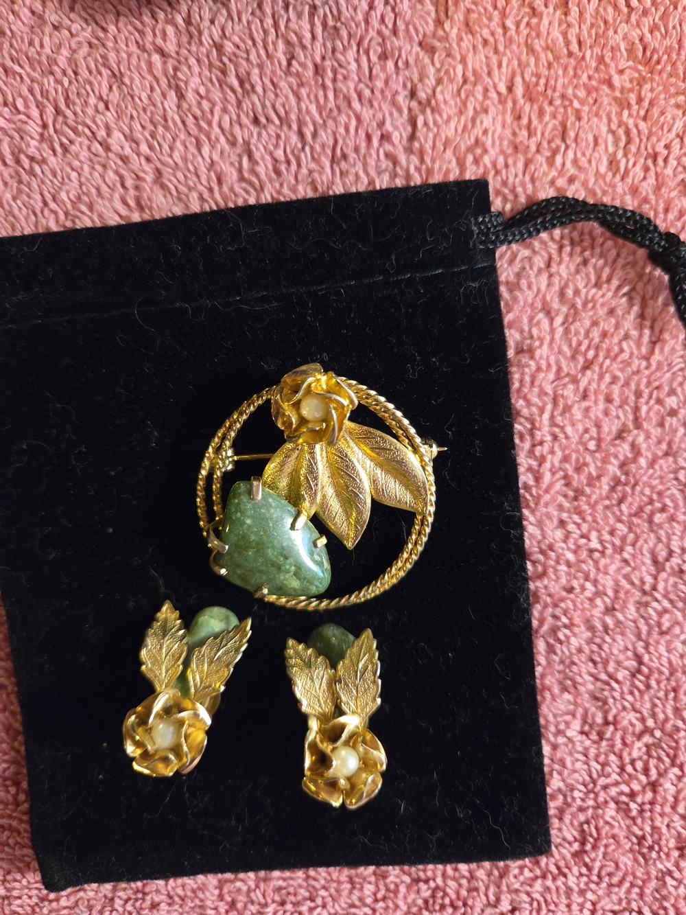 Gold-Tone Green Stone Floral Brooch and Clip-On Earrings Set